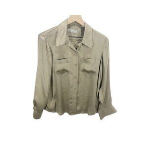 Liz Claiborne Womens Blouse Brown Long Sleeve Pockets 100% Silk‎ Petites PL